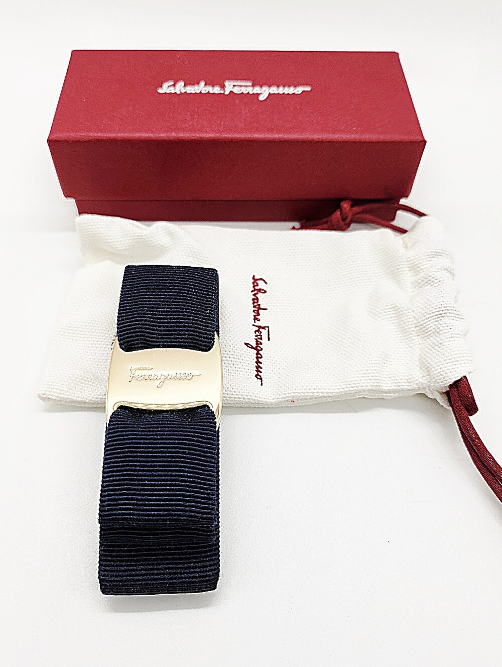 Salvatore Ferragamo Navy Vara Ribbon Hair Clip Brand New